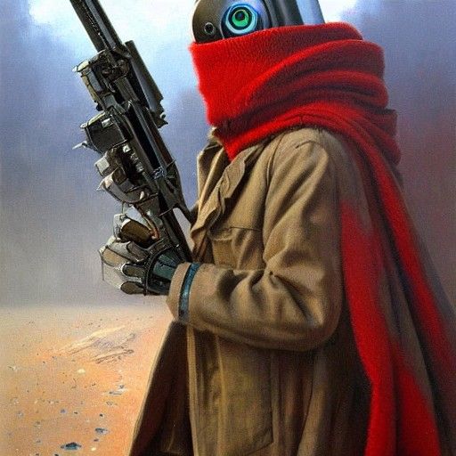 Robot Walking Away with Rifle, Oil Painting Style