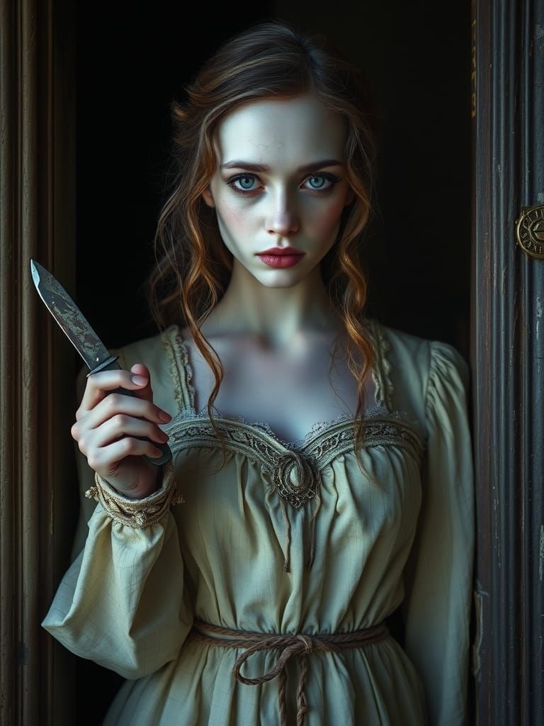 Haunting Porcelain Woman with Knife in Dark Fantasy Style