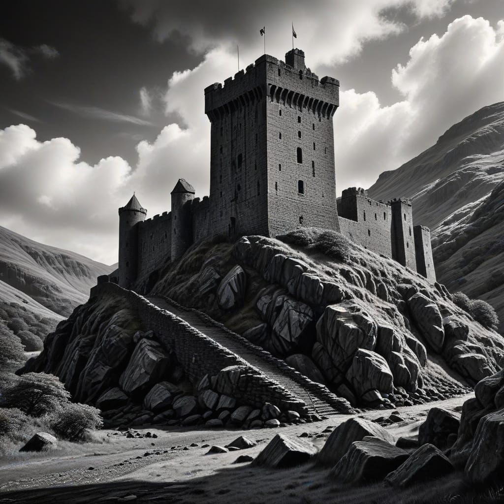 Dolbadarn Castle Charcoal Drawing in Dramatic Light