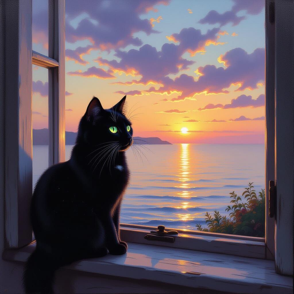 Black Cat Gazes at Sunset Bay from Window