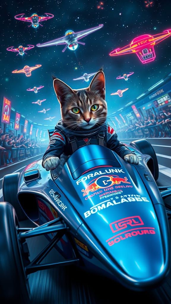 Cyberpunk Cat Races in Futuristic Jet Car
