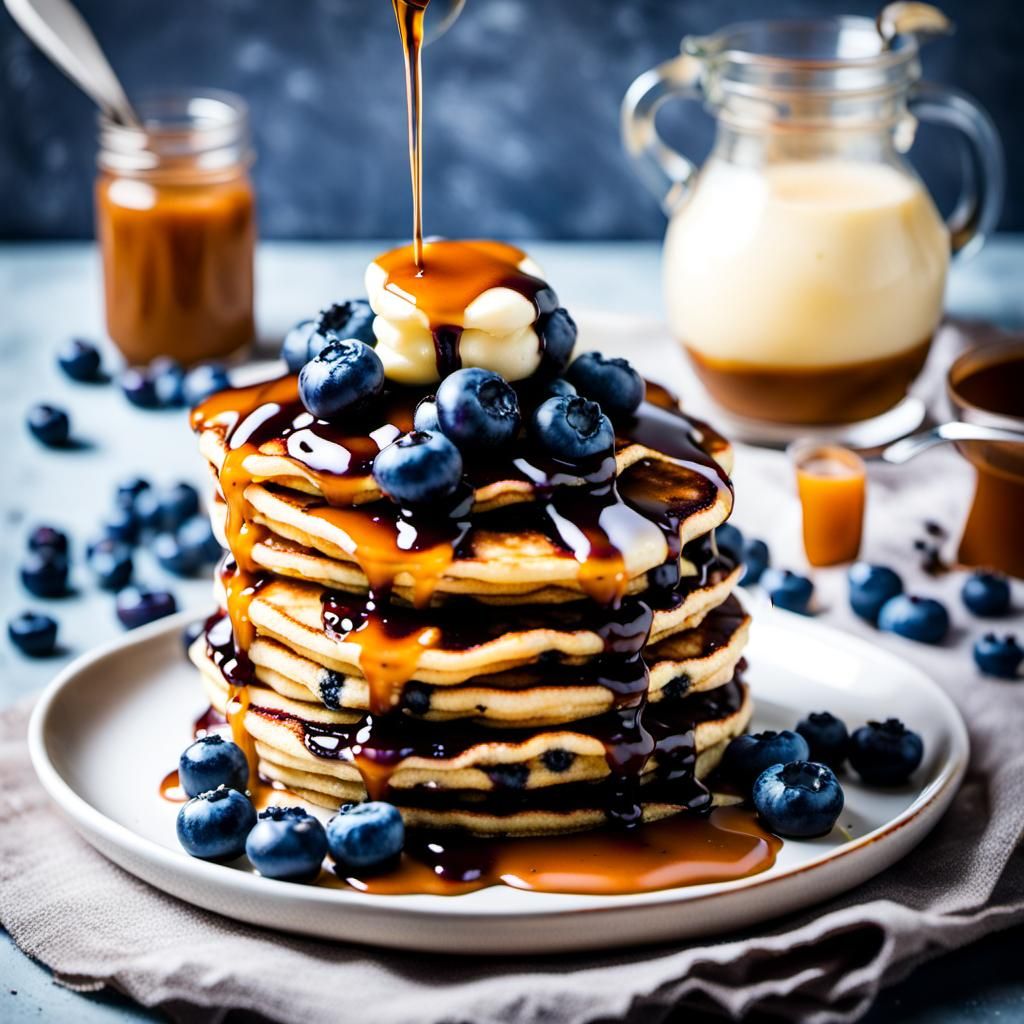 Blueberry Pancakes Stacked High with Caramel Syrup