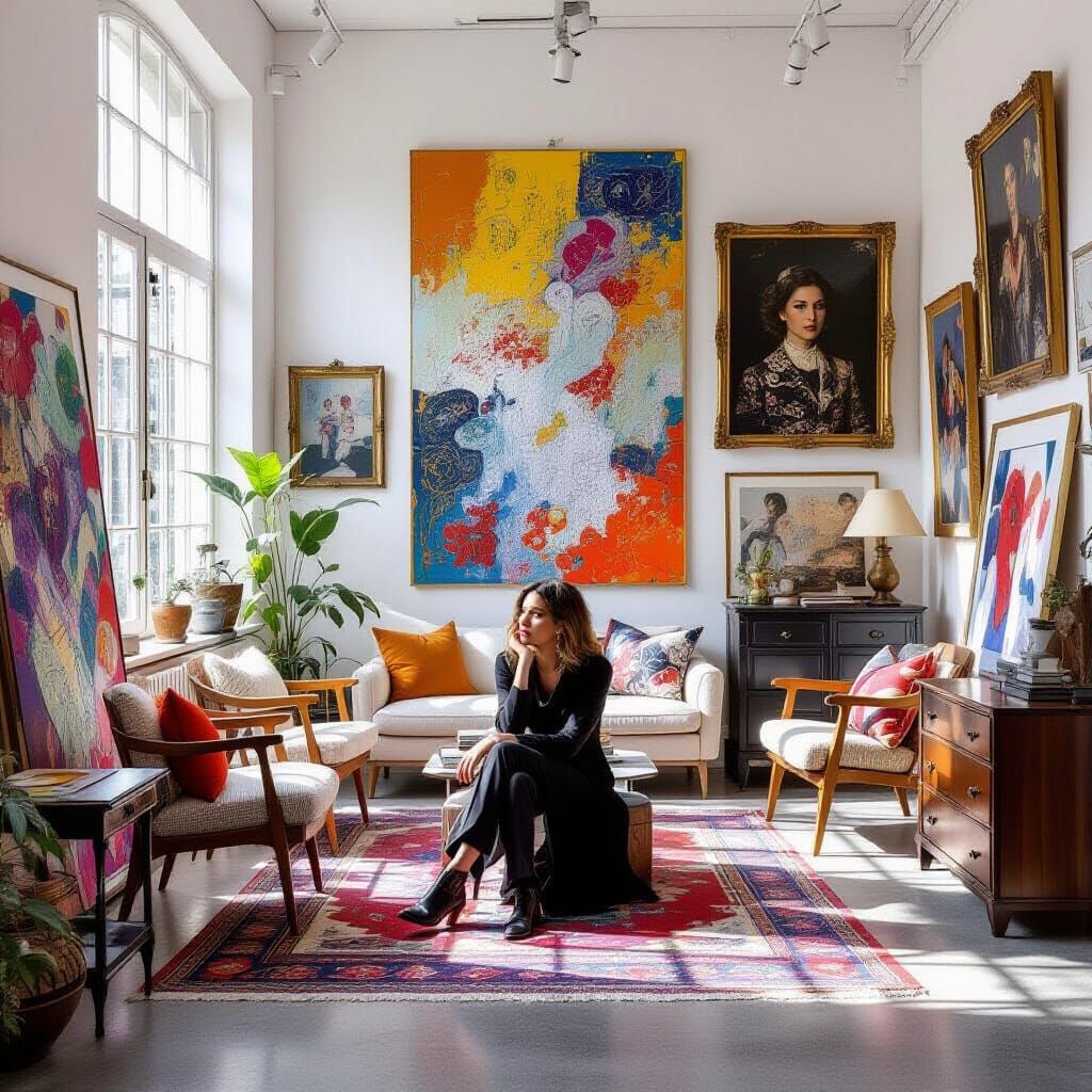 Woman in Art Gallery, Photorealistic Style