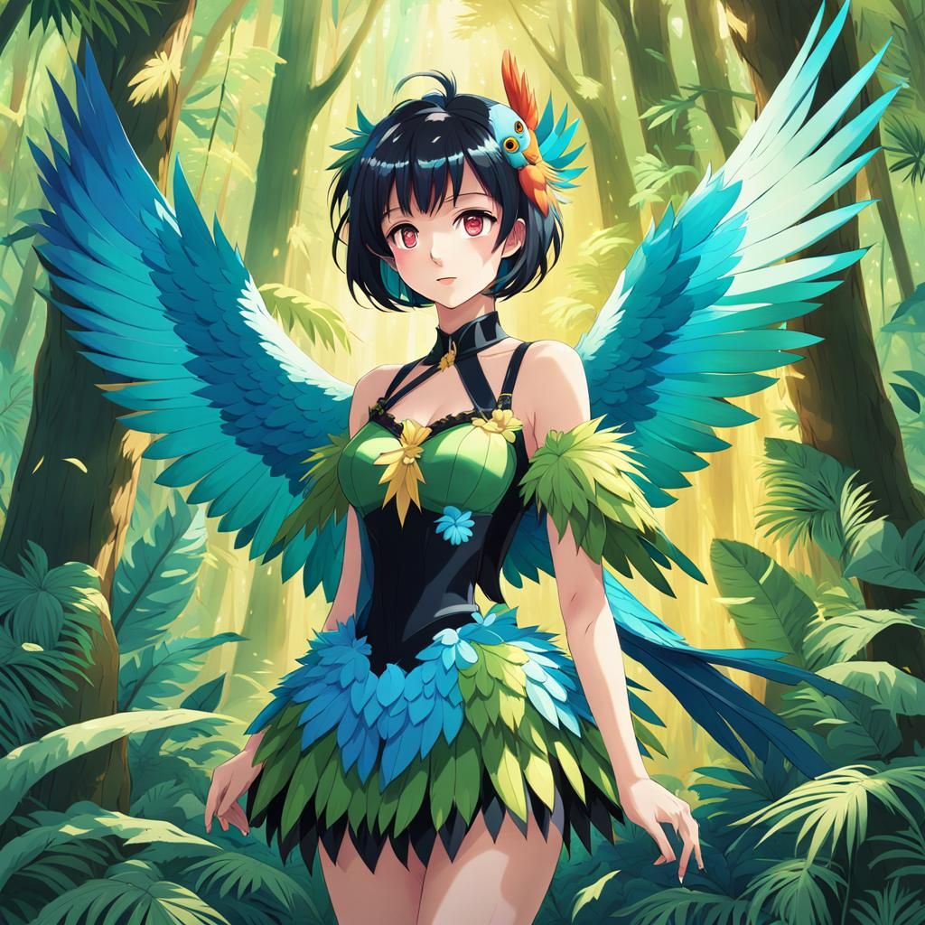 Whimsical Anime Woman in a Green and Blue Parrot Costume
