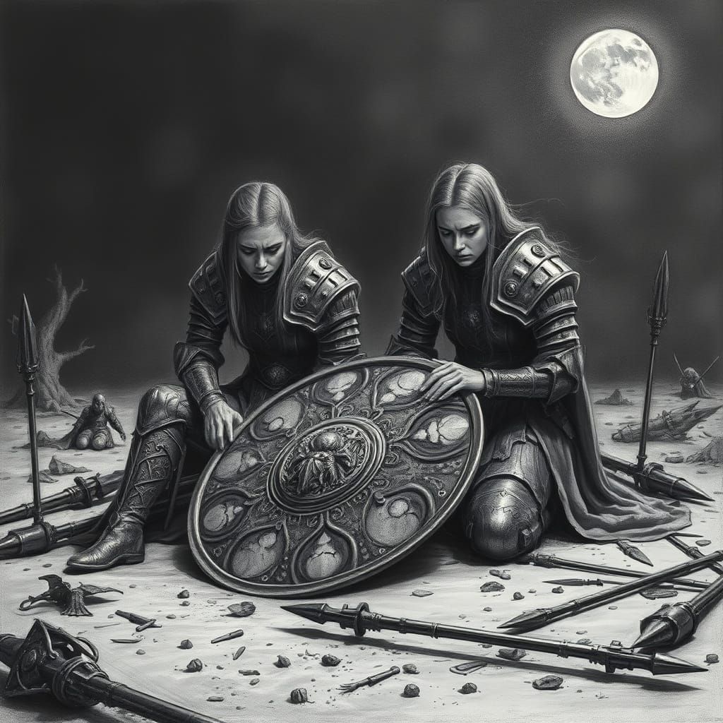 Two Female Warriors in Moonlit Despair, Charcoal Drawing