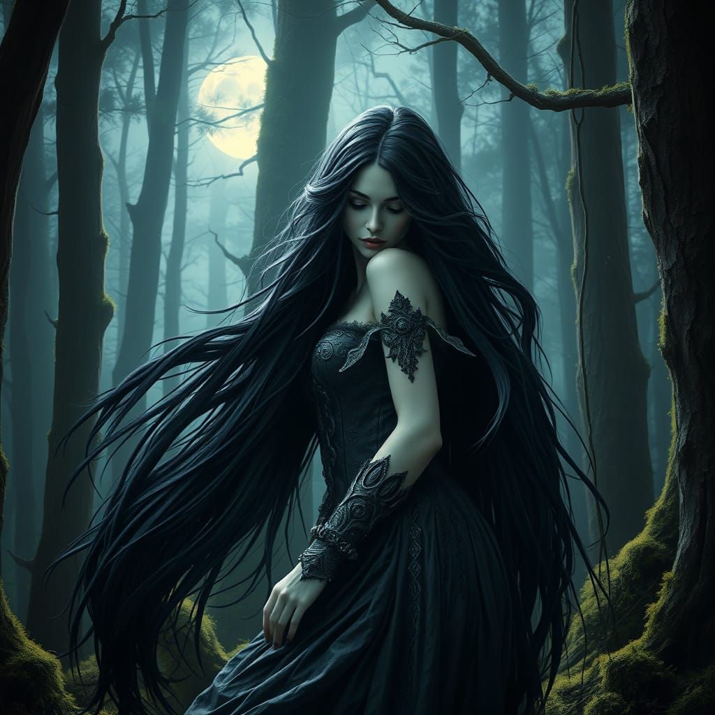 Mystical Witch Blending with Forest, Hyperrealistic Textures