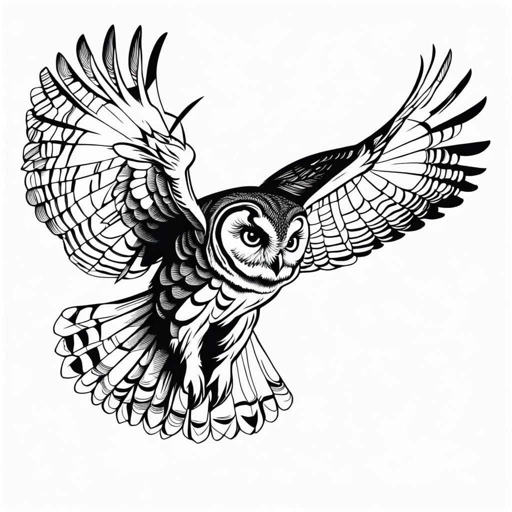Owl in Flight: Black Ink Line Art