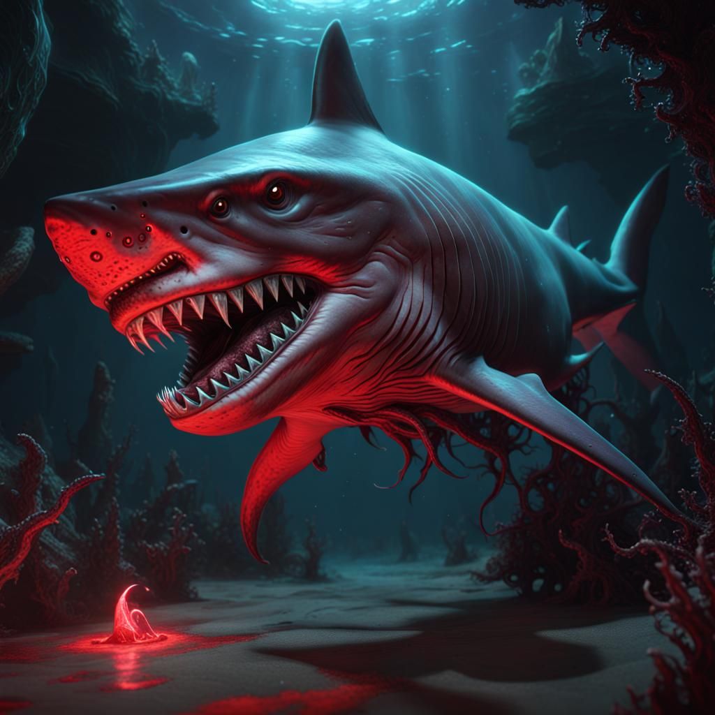 Bioluminescent Red Demonic Shark: Eldritch Fantasy Art
