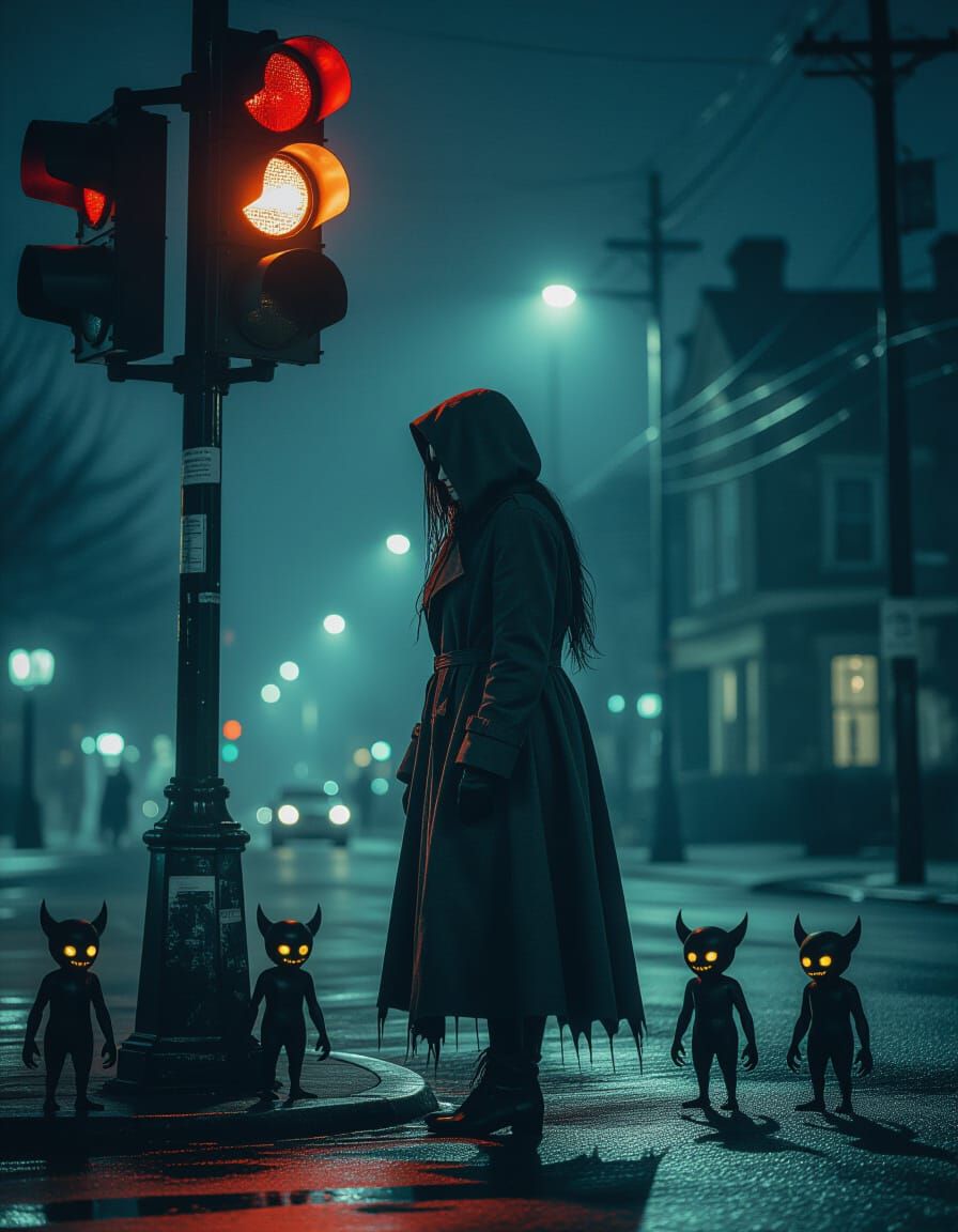 Macabre Night Scene with Imps in Photorealistic Style