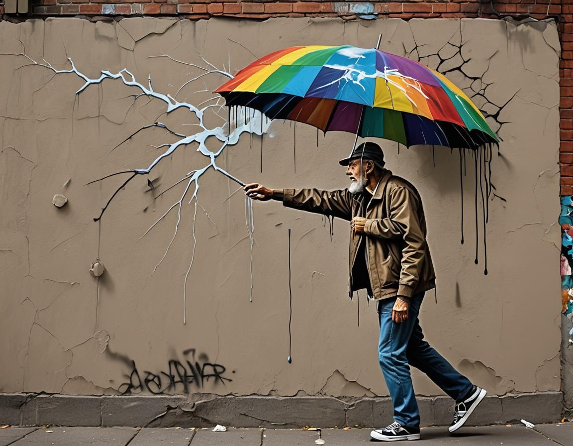 3D Graffiti Mural: Rainbow Umbrella in Thunderstorm