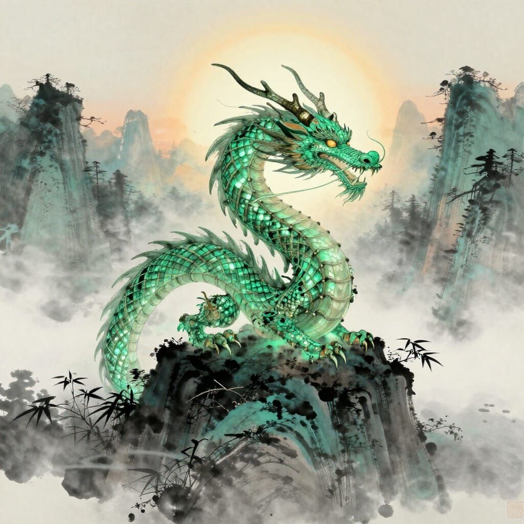 Ethereal Bamboo Dragon on Misty Mountain Peak