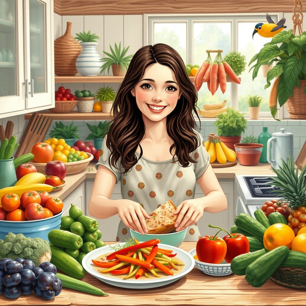 Whimsical Kitchen Scene with Fresh Fruits and Vegetables
