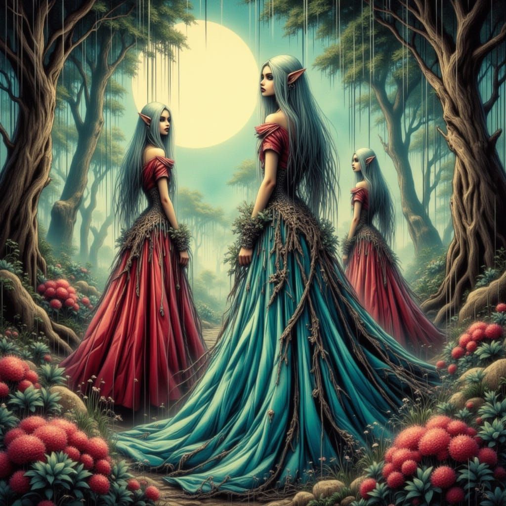 Elegant Elves in Moonlit Forests, Pastel Watercolor Style