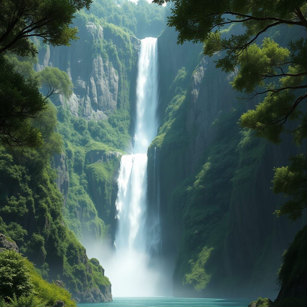 Ethereal Waterfall in Vibrant Greenery as Unreal Engine 5 Co...