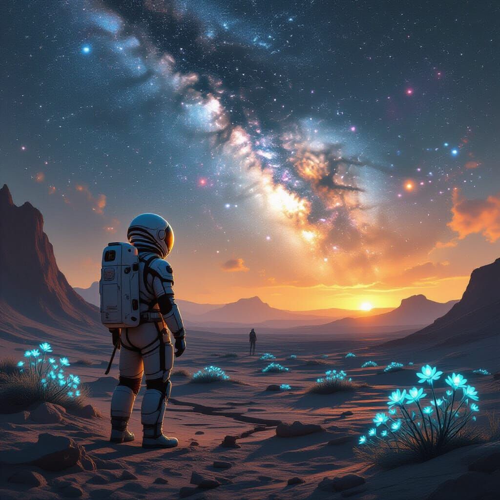 Hyperrealistic Alien Landscape with Lone Traveler