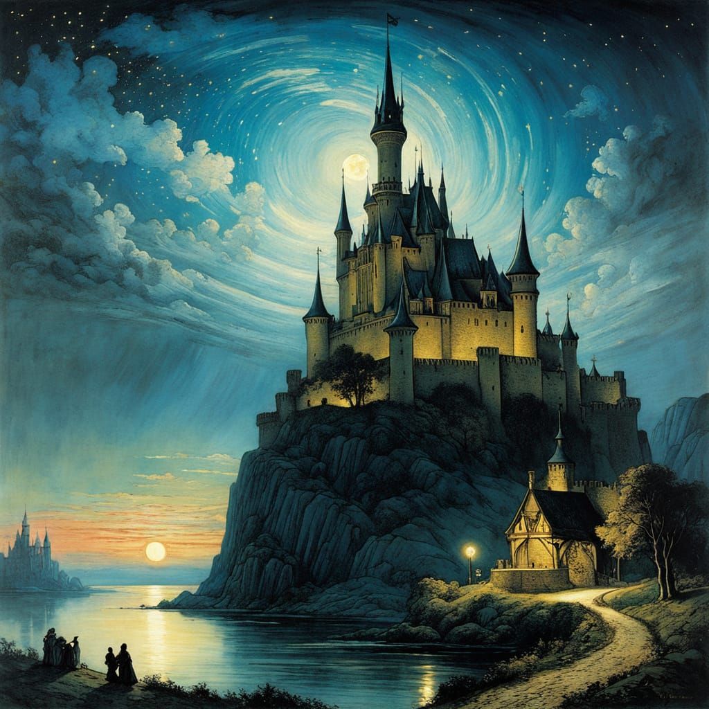 Fairytale Castle Under Starry Sky in Rackham Style
