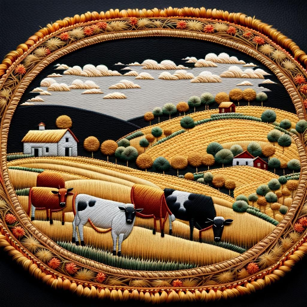 Embroidered Rural Landscape with Harvesters in Gold Thread