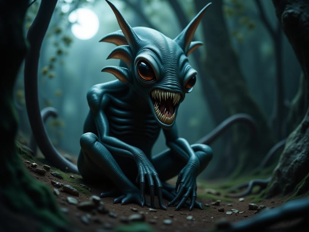 Alien in Eerie Forest: Photorealistic Macro Shot