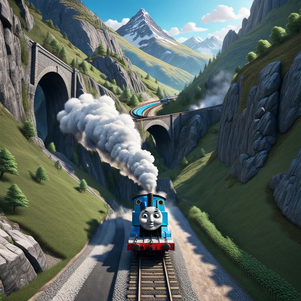 Hyperrealistic Cartoon Thomas the Tank Engine in Mountains