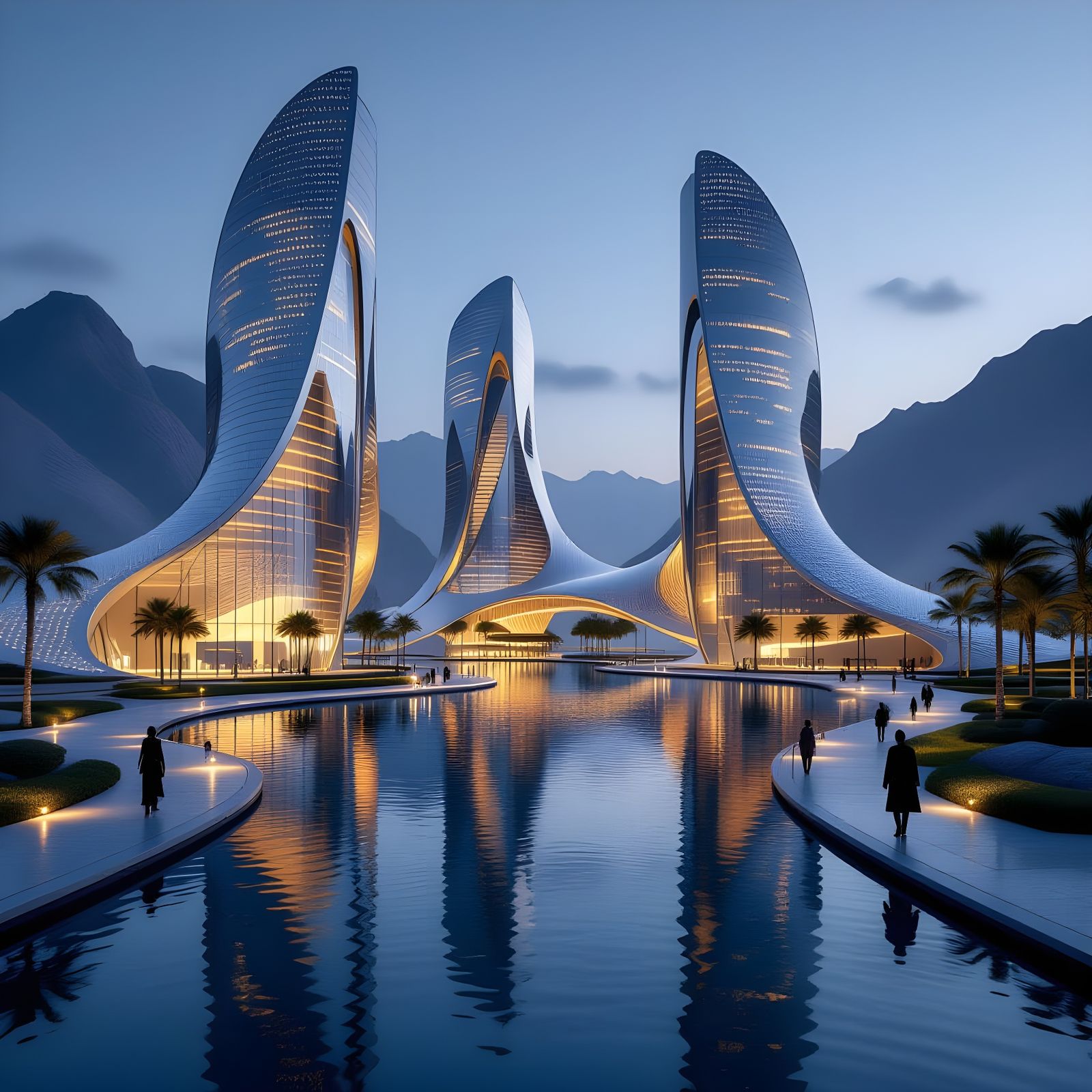 Futuristic Architectural Wonder with Golden Lights at Dusk