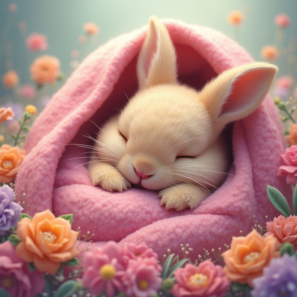 Sleepy Bunny in a Whimsical Candyland Scene