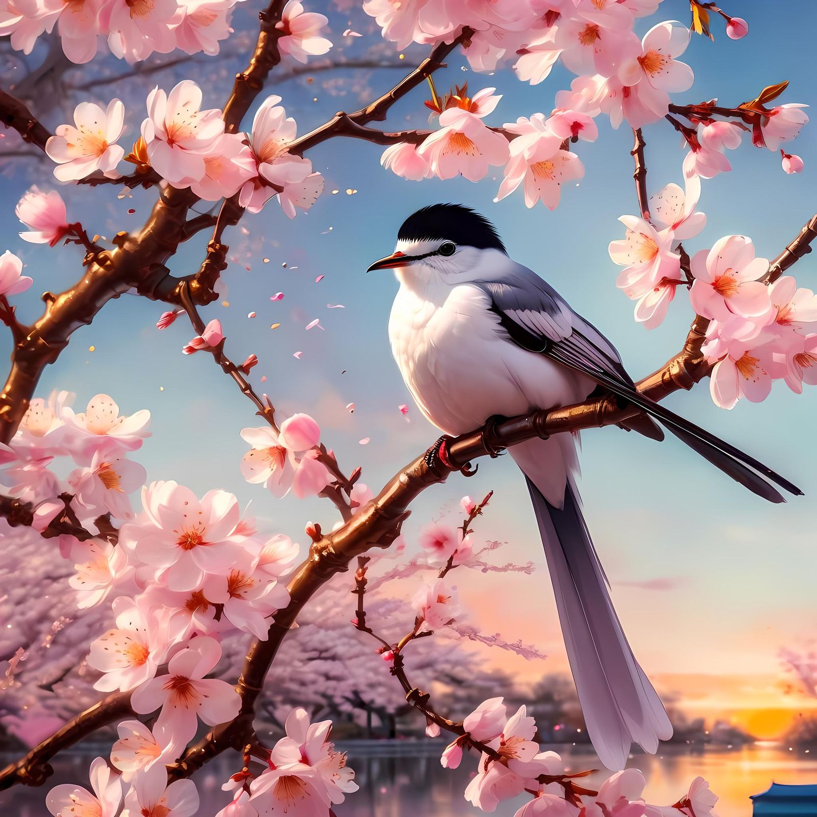 Japanese Shima Enaga On Cherry Tree