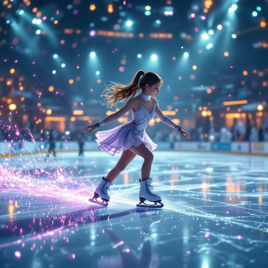 Ice Skater Girl Creates Purple Sparks, Dynamic Lighting