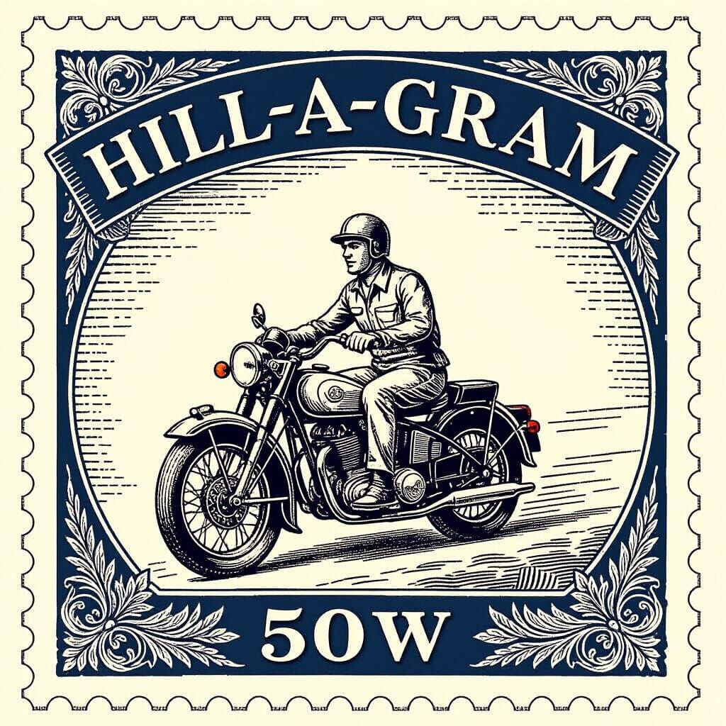 Vintage Hill-A-Gram Stamp with Motorcycling Delivery Man