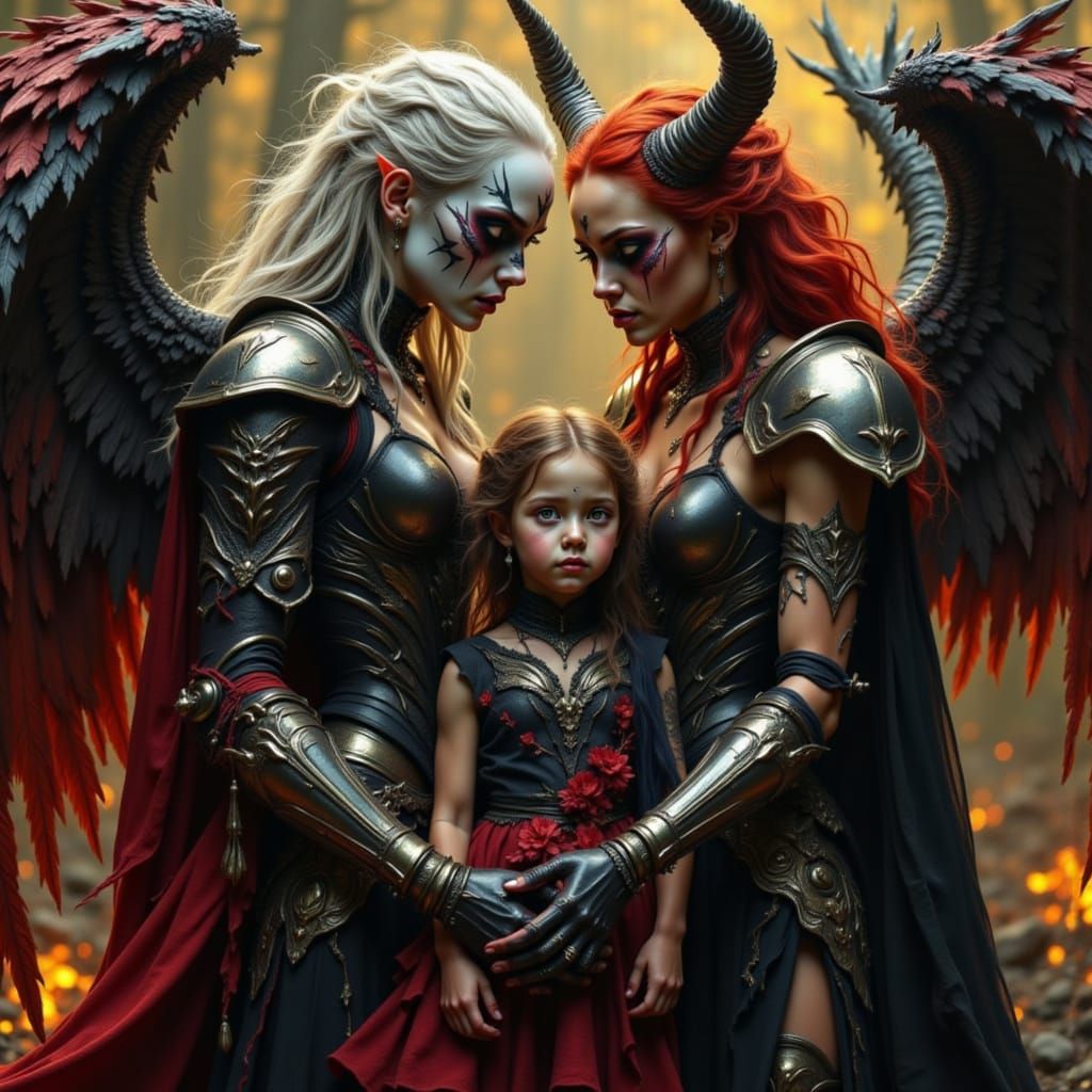 Demon Protects Child from Angel in Dark Fantasy Oil Painting