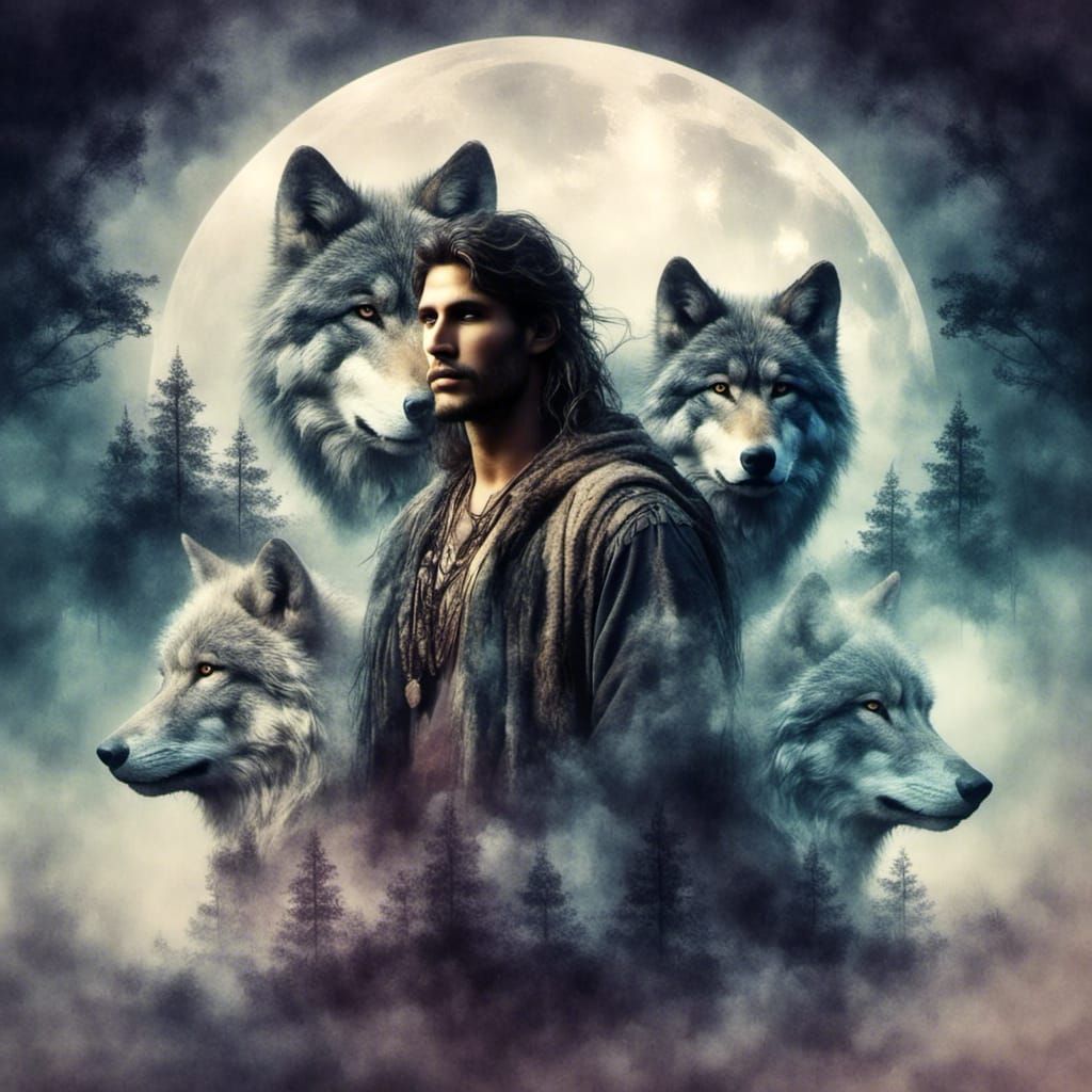 Native American Man with Wolves Double Exposure