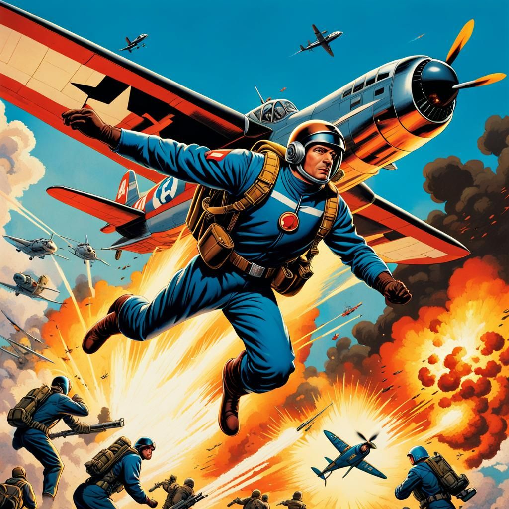 Retro Hero in Jetpack Amidst Explosions