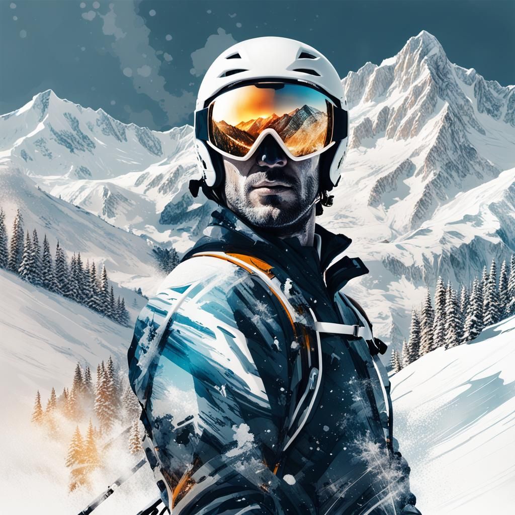 Double Exposure Skier in Snowy Courchevel Scene