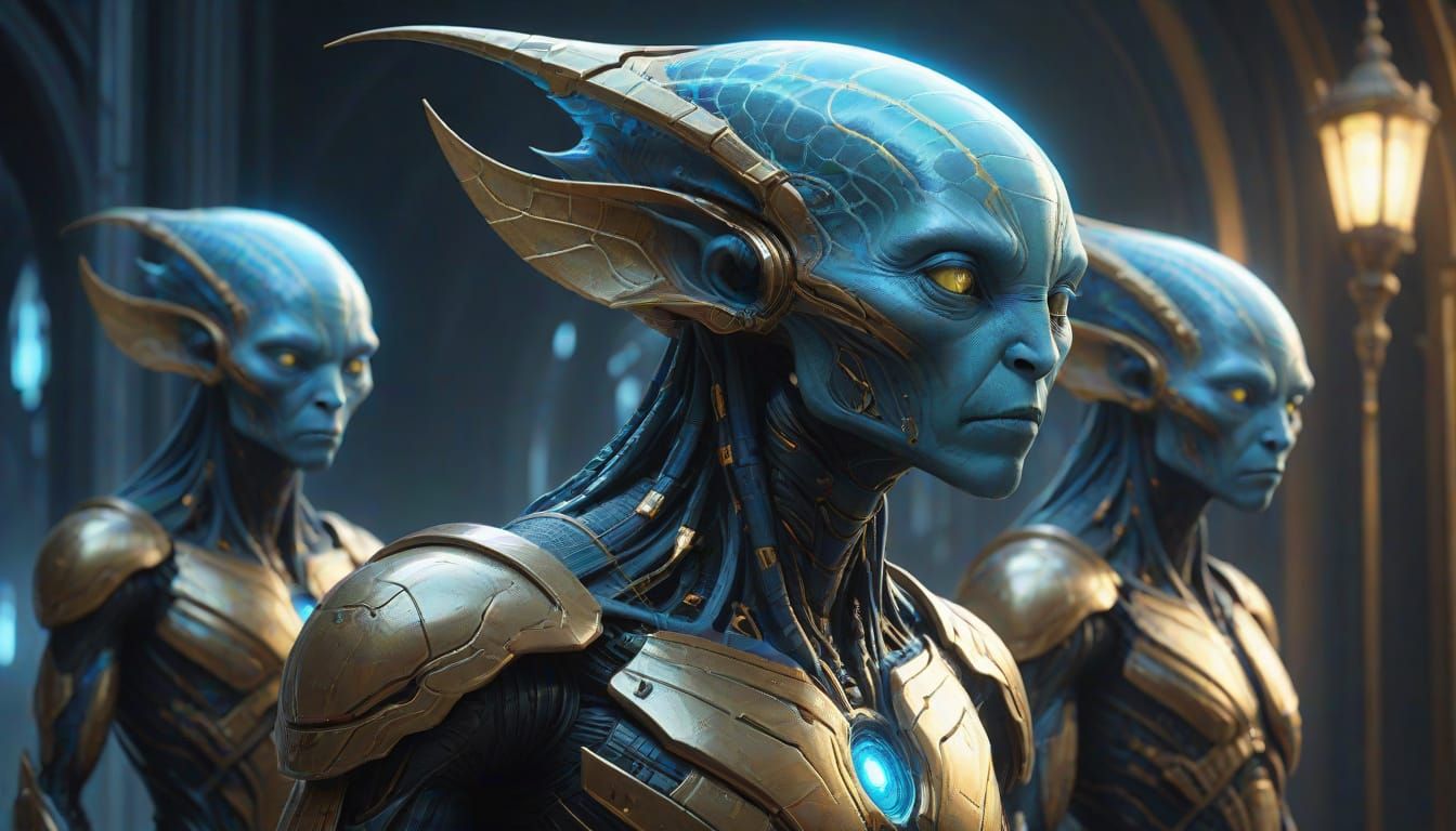 Ethereal Biaviians: Wise Alien Race in Detailed Sci-Fi Art