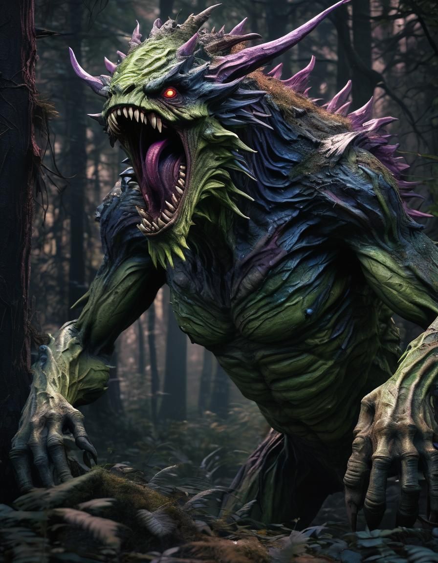 Terrifying Monster Emerges from Dark Mystical Forest