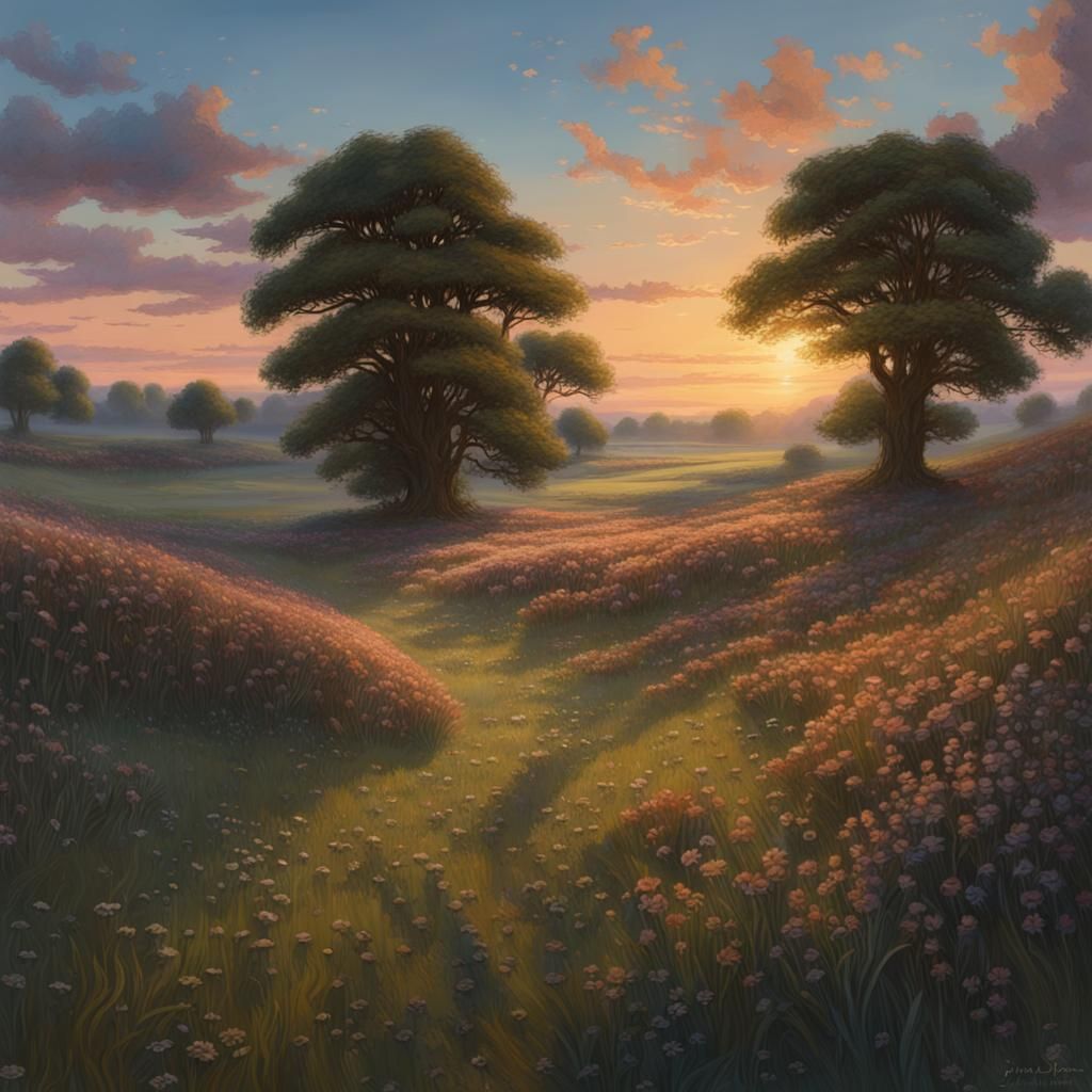 English Meadow at Dusk: Oil Painting by Gurney