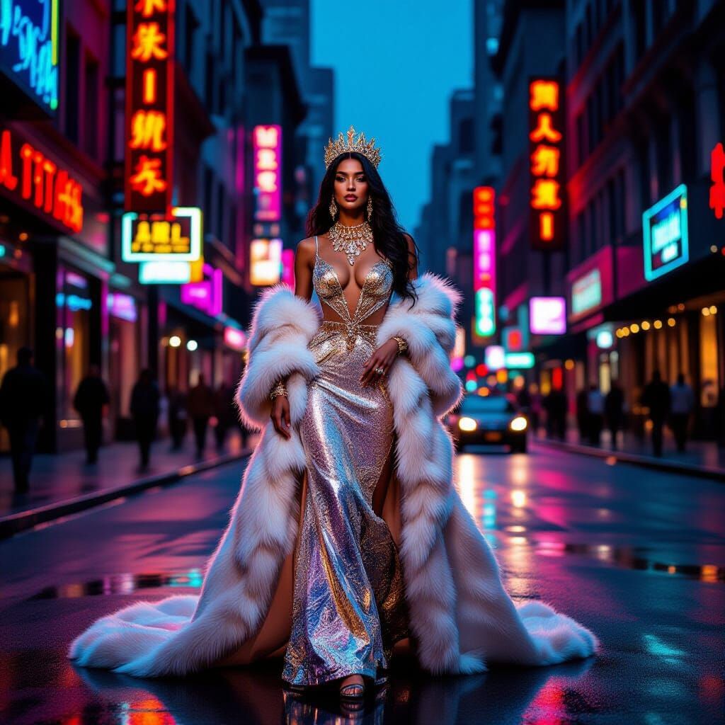 Regal Woman in Haute Couture on Neon City Street