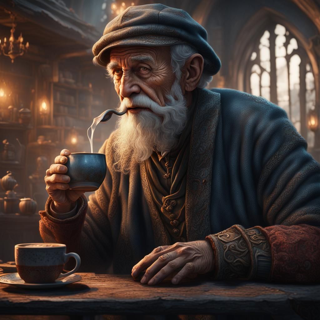 Detailed Matte Painting of Old Man Drinking Coffee