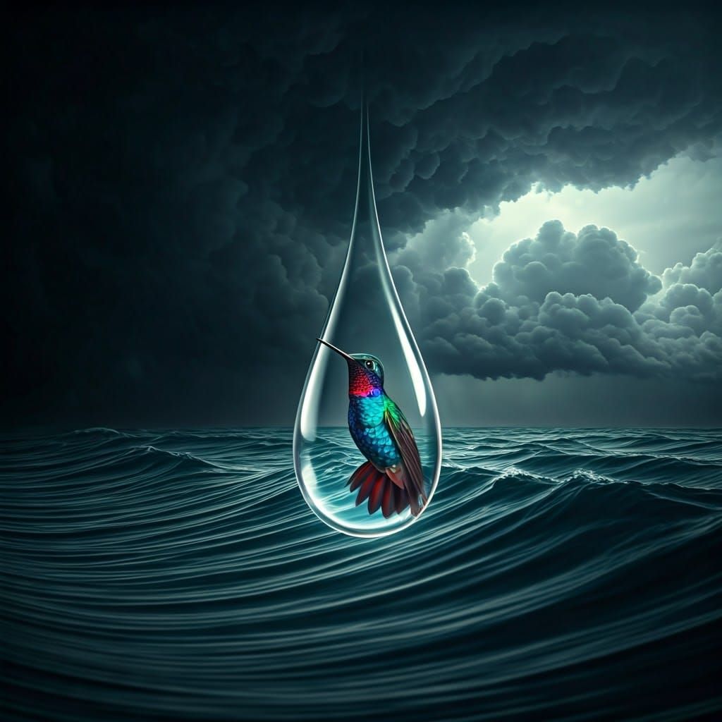 Hummingbird in Raindrop Over Stormy Sea