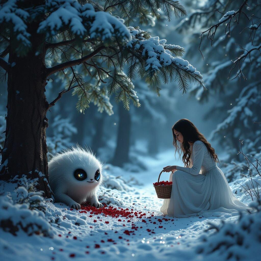 Eldritch Horror Peeks from Snowy Forest Path