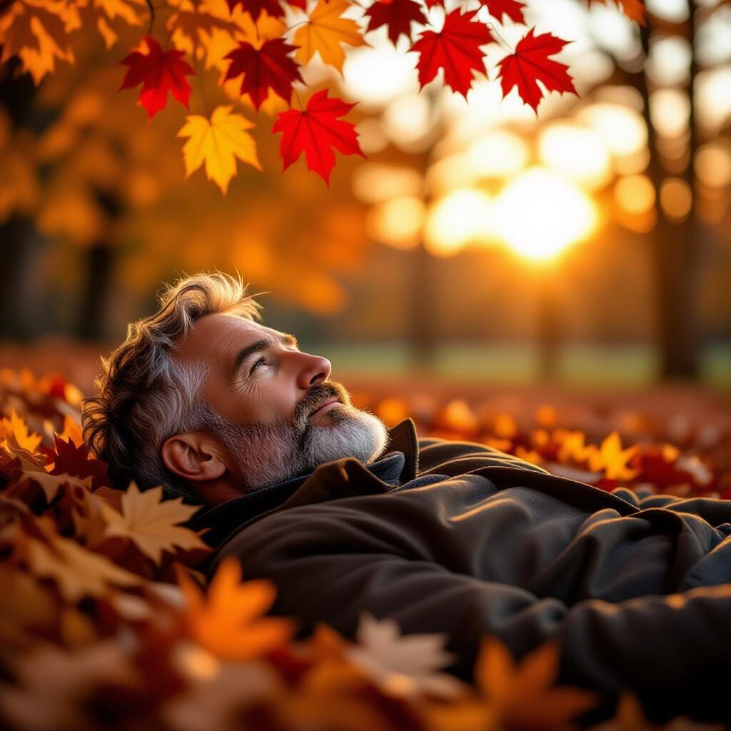 Man Gazing at Autumn Leaves in Warm Light