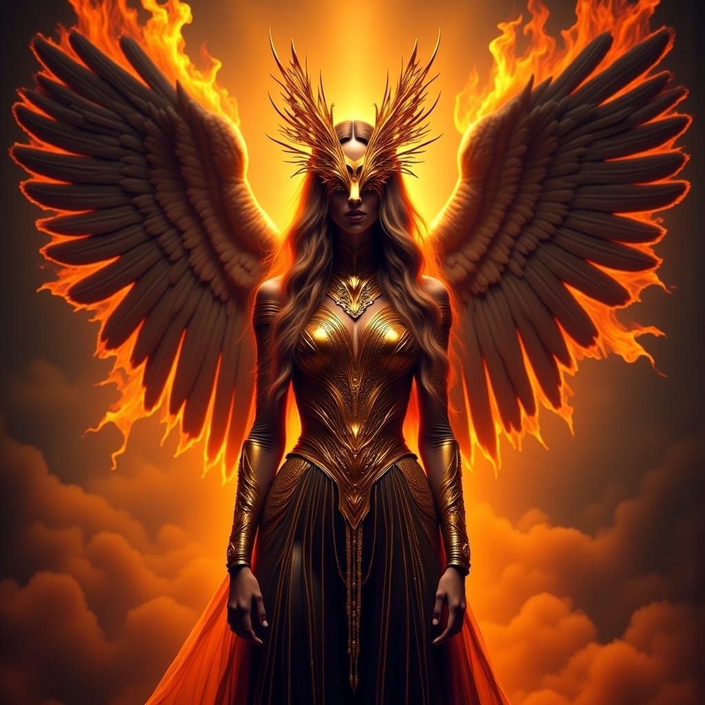 Fiery Angel with Golden Mask, Fantasy Art