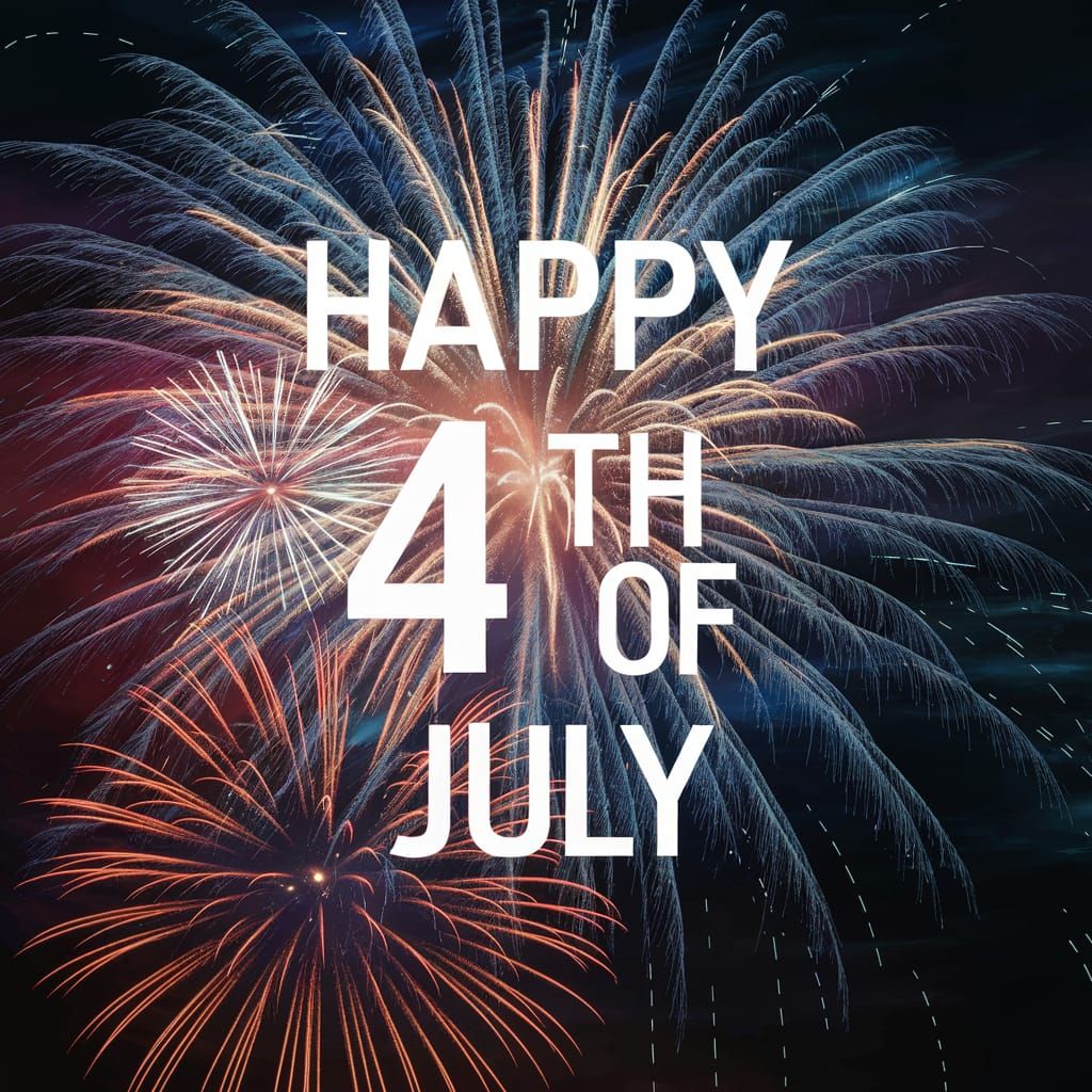 Happy 4th of July on a background of vividly colored, sparkling, shimmering fireworks