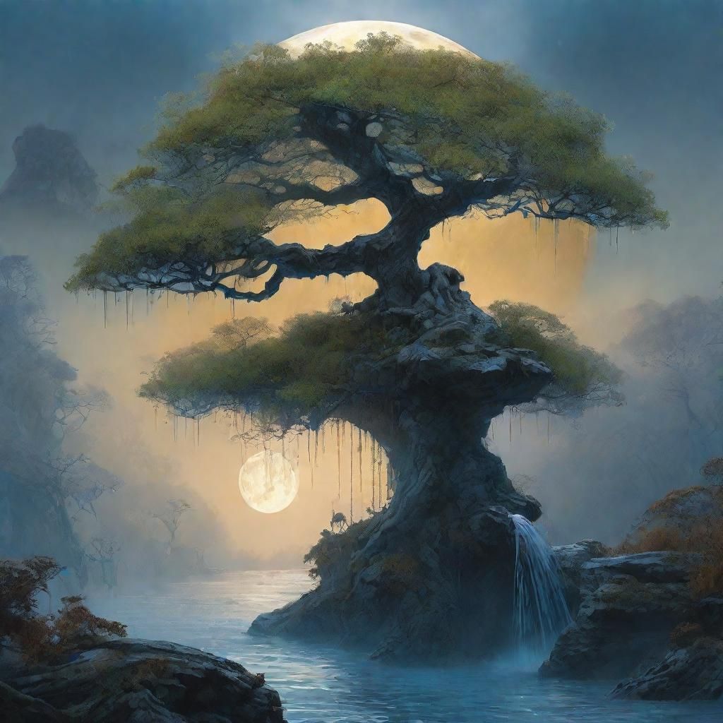 Detailed Bonsai Waterfall in Misty Dystopian Oasis