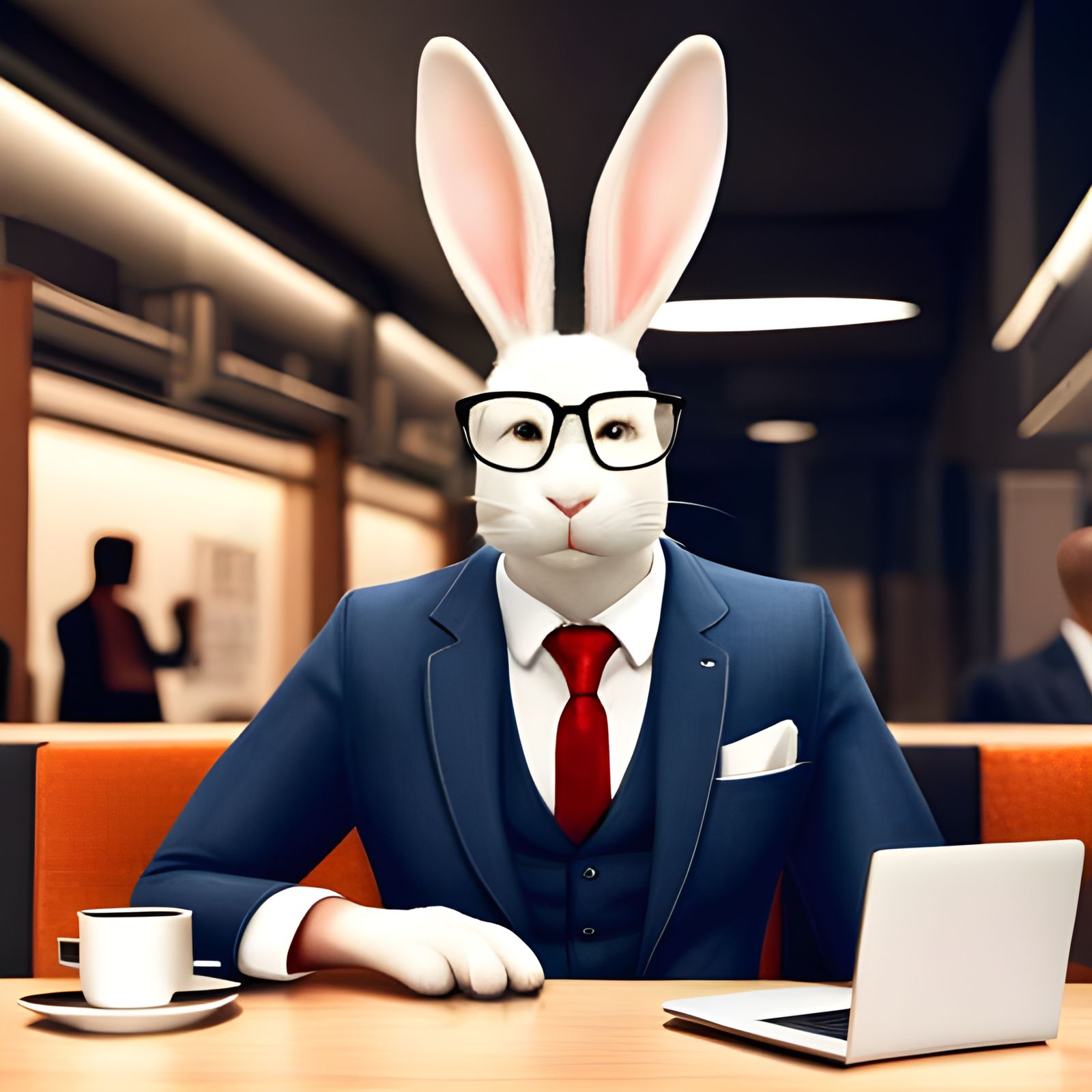 Rabbit in Suit at Cafe, Hyperrealistic 8k