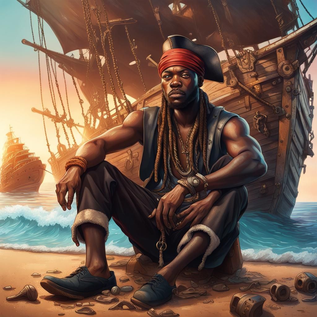 African Pirate on the Beach in Splash Art Style