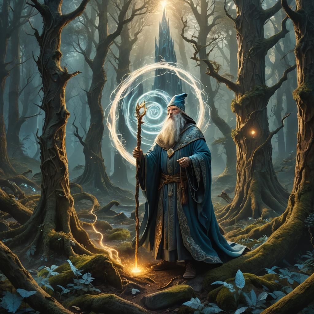 Mighty Wizard Amidst Magical Forest: Fantasy Art