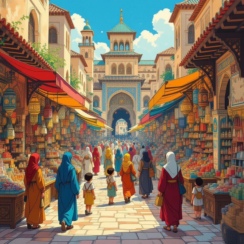 Bustling Marketplace in Studio Ghibli Style