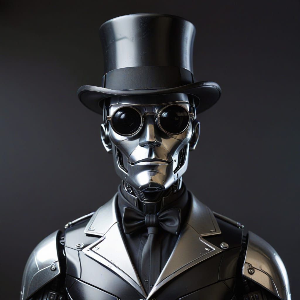 A crude silver chrome metal robot  dressed all in black with black glasses and a top hat in the style of the 1960s TV sh...