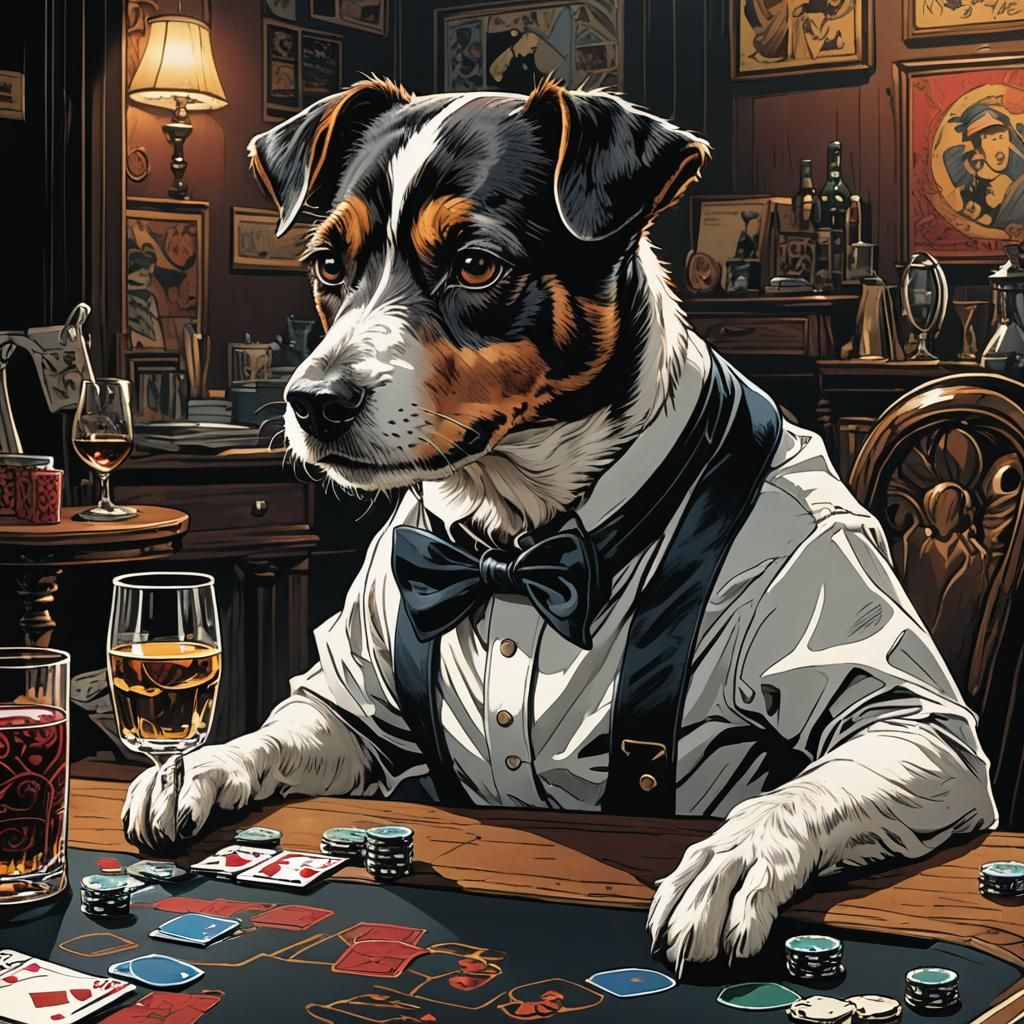 Jack Russell Plays Blackjack in Comic Book Style