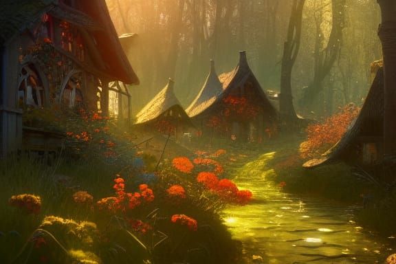 Enchanted Fairy Village Concept Art in Volumetric Lighting